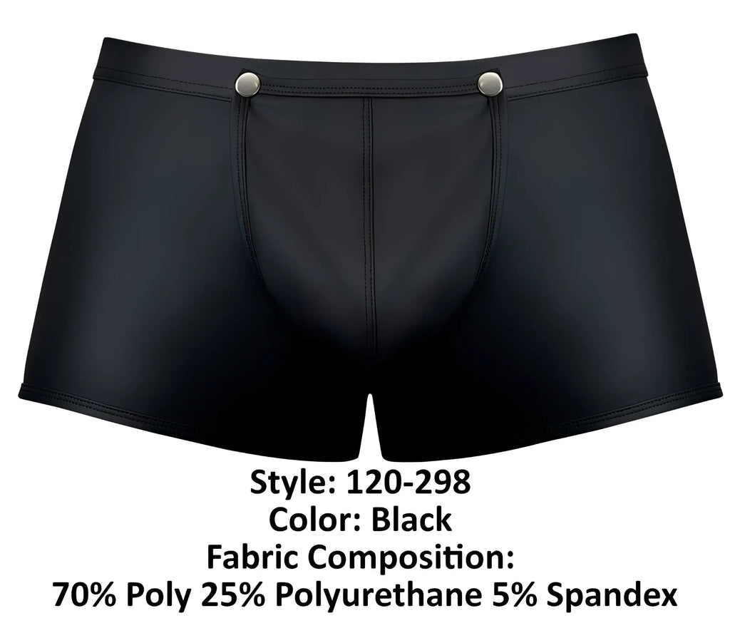 Black men’s briefs with shiny faux-leather finish and silver snap buttons at waistband male power 120-298 oh snap snap off short