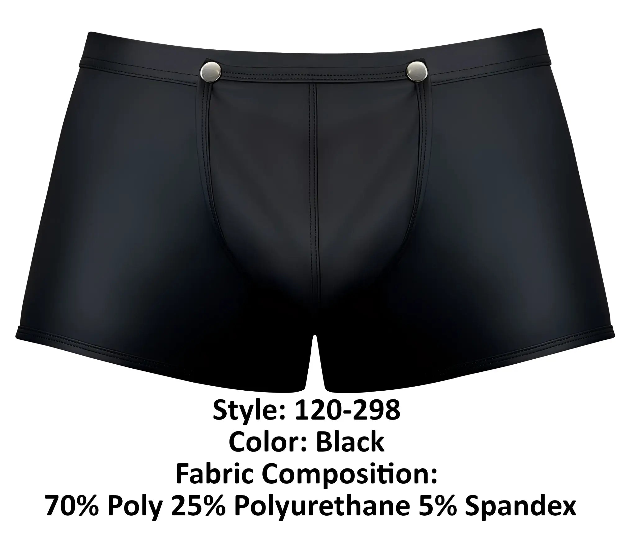 Black men’s briefs with shiny faux-leather finish and silver snap buttons at waistband male power 120-298 oh snap snap off short