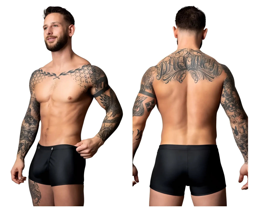Male power 120-298 oh snap snap off short black swim trunks with subtle sheen and single button waistband closure