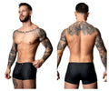 Male power 120-298 oh snap snap off short black swim trunks with subtle sheen and single button waistband closure
