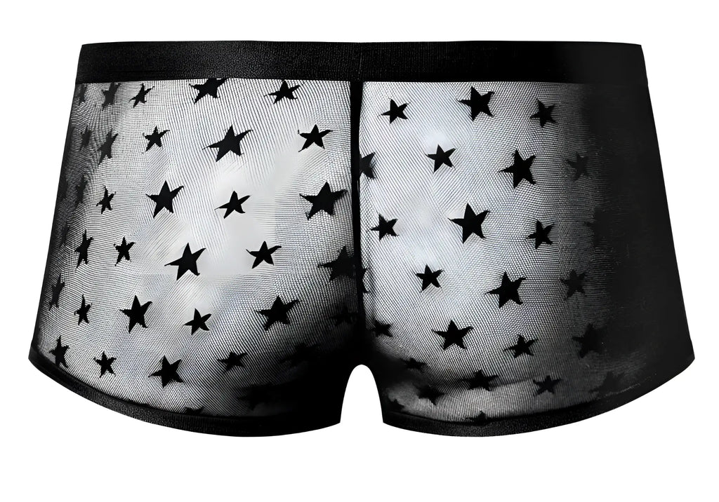 Male power 122-291 love star short sheer men’s underwear with black star pattern and solid black waistband