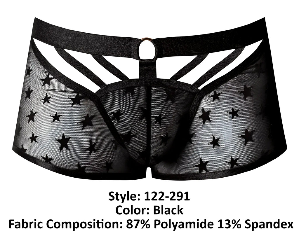 Male power 122-291 love star short black sheer star-patterned men’s underwear with elastic waistband and reinforced panels