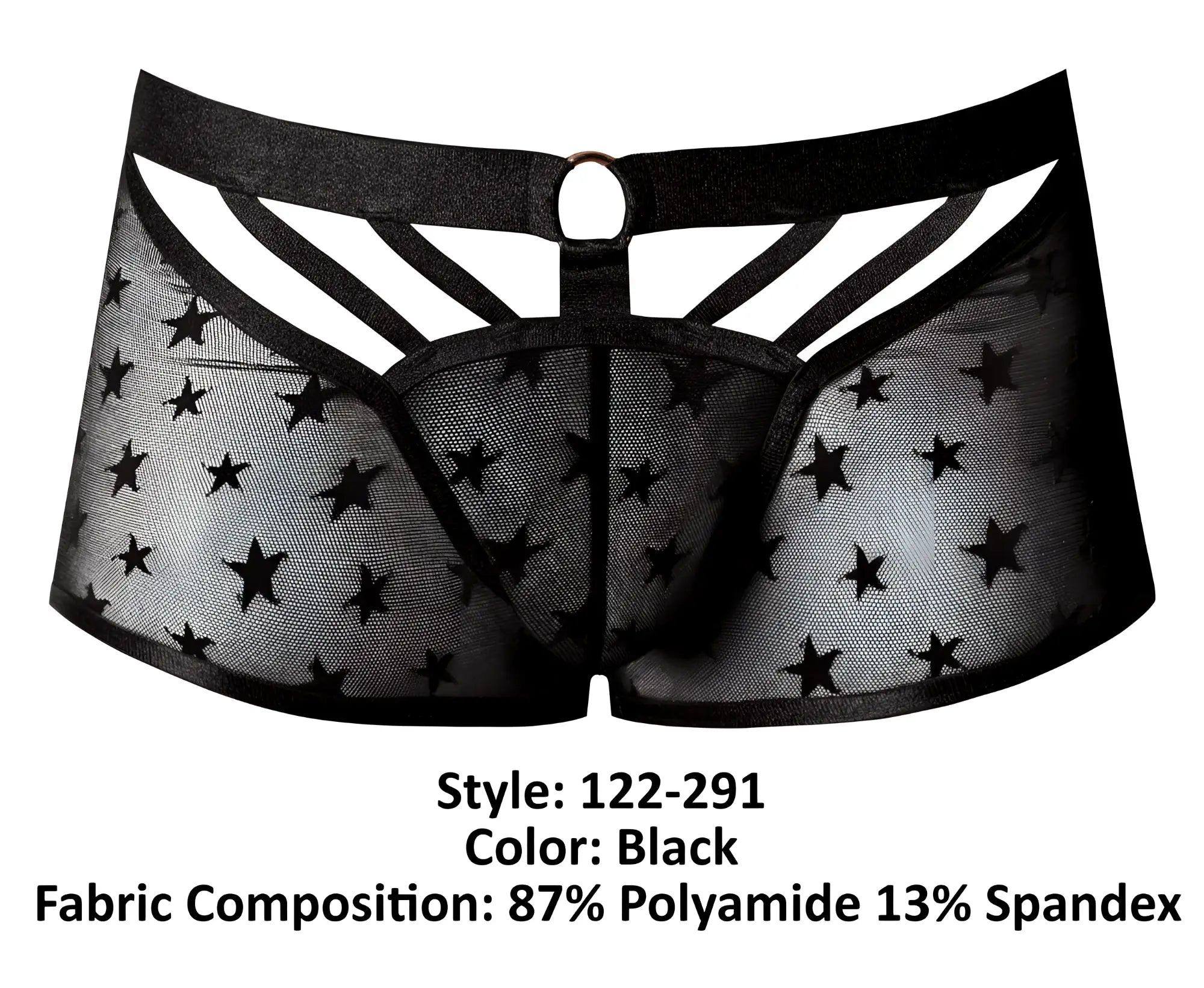 Male power 122-291 love star short black sheer star-patterned men’s underwear with elastic waistband and reinforced panels