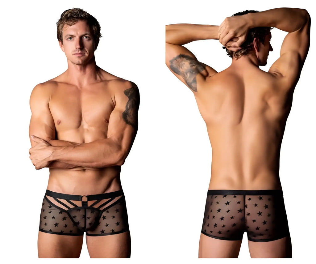 Black sheer star-patterned men’s briefs with black elastic waistband front panel male power 122-291 love star short