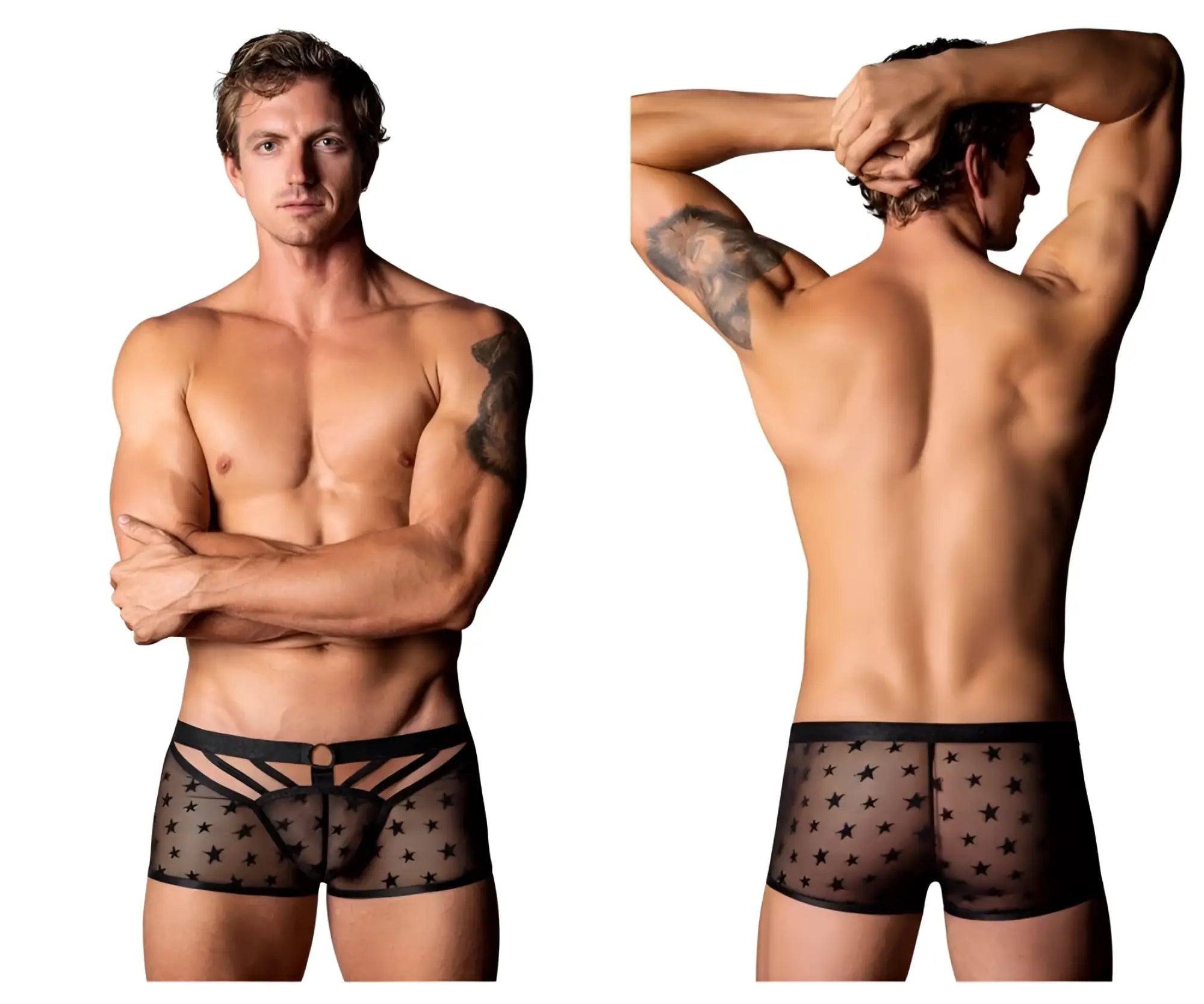 Black sheer star-patterned men’s briefs with black elastic waistband front panel male power 122-291 love star short