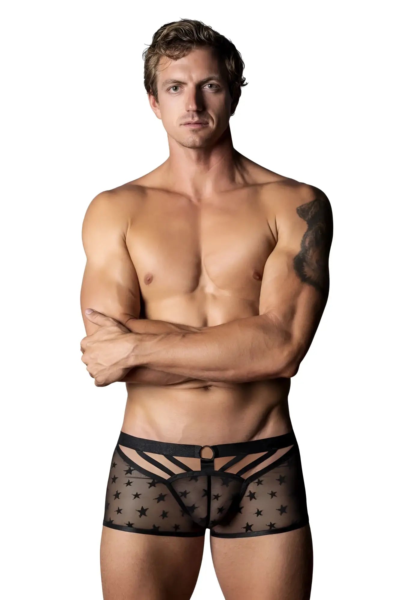 Male power 122-291 love star short black sheer men’s briefs with star-patterned geometric design