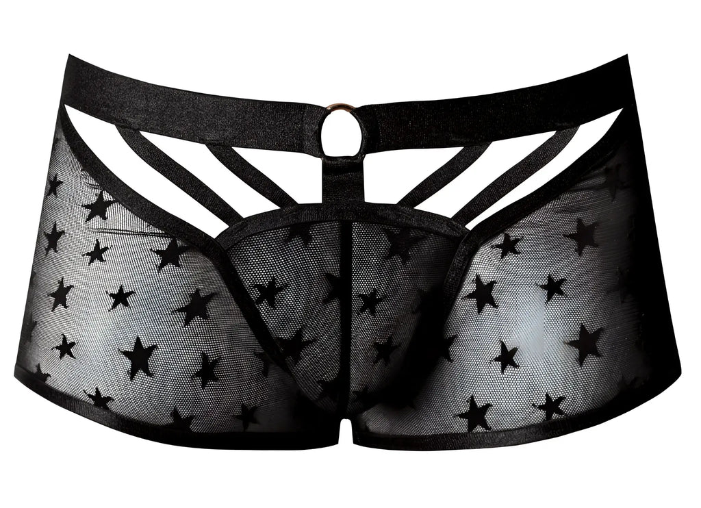Male power 122-291 love star short black sheer star-patterned men’s underwear with ring and crisscross cutouts