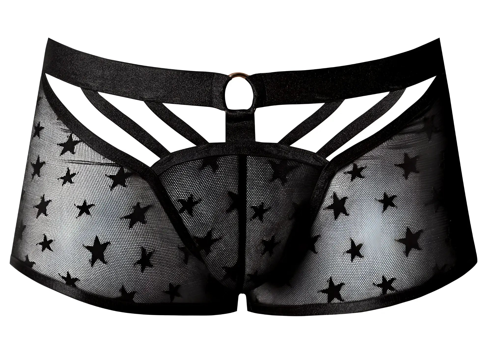 Male power 122-291 love star short black sheer star-patterned men’s underwear with ring and crisscross cutouts
