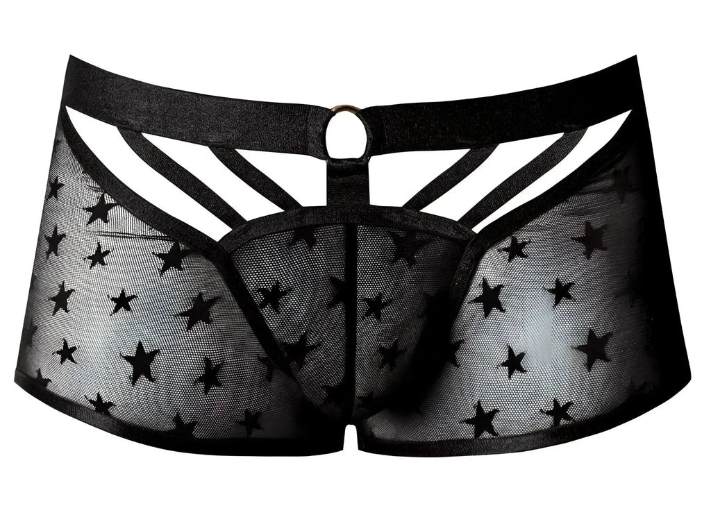 Male power 122-291 love star short black sheer star-patterned men’s underwear with ring and crisscross cutouts