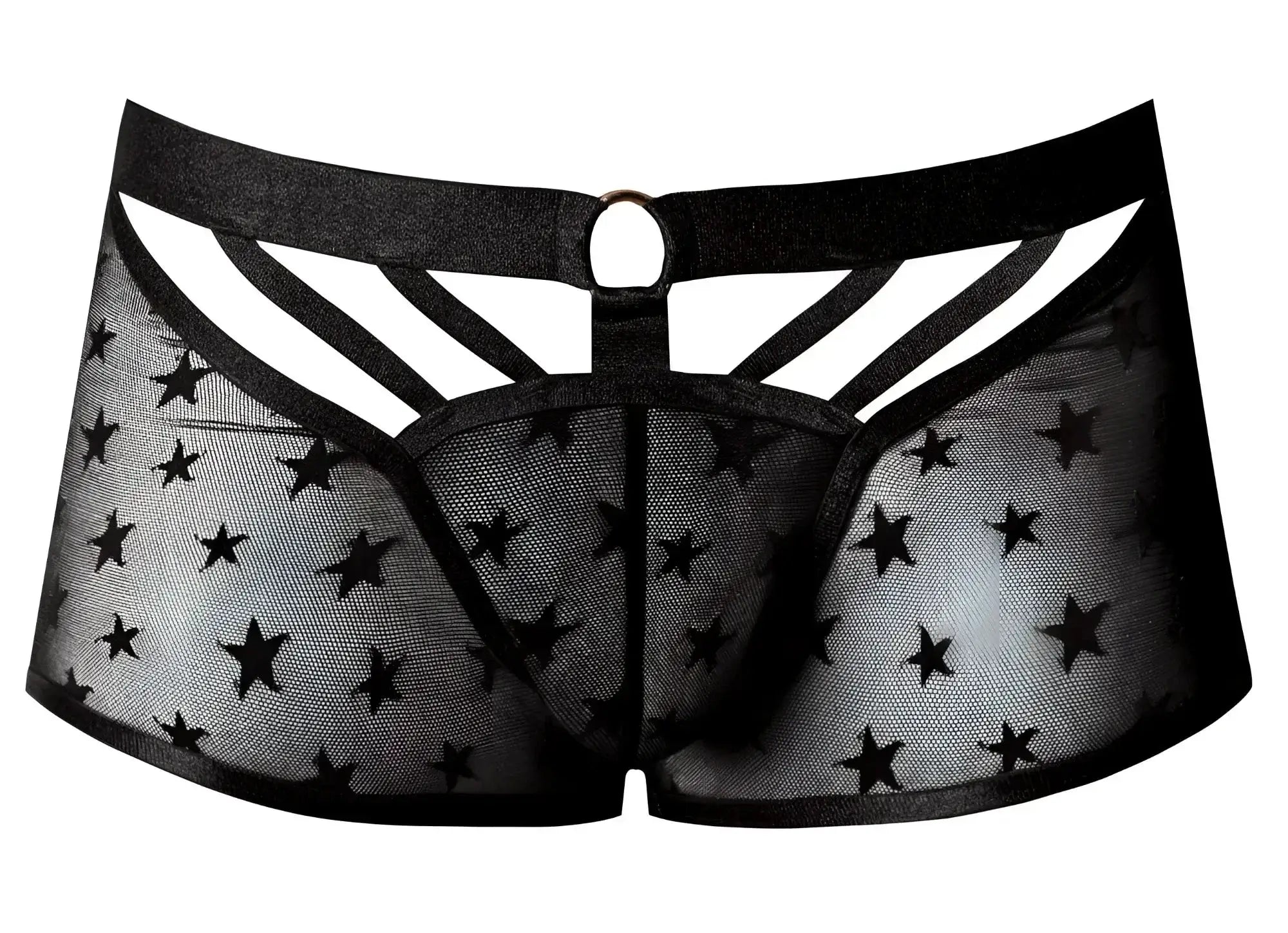 Male power 122-291 love star short black sheer star-patterned men’s underwear with ring and crisscross cutouts