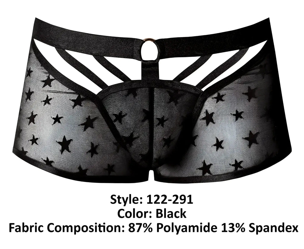 Male power 122-291 love star short black sheer star-patterned men’s underwear with elastic waistband and reinforced panels
