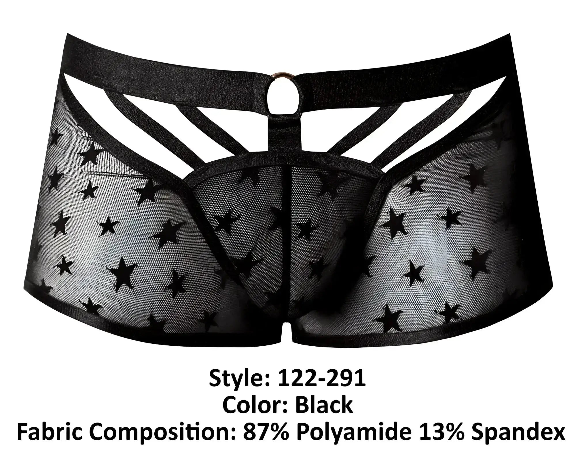 Male power 122-291 love star short black sheer star-patterned men’s underwear with elastic waistband and reinforced panels