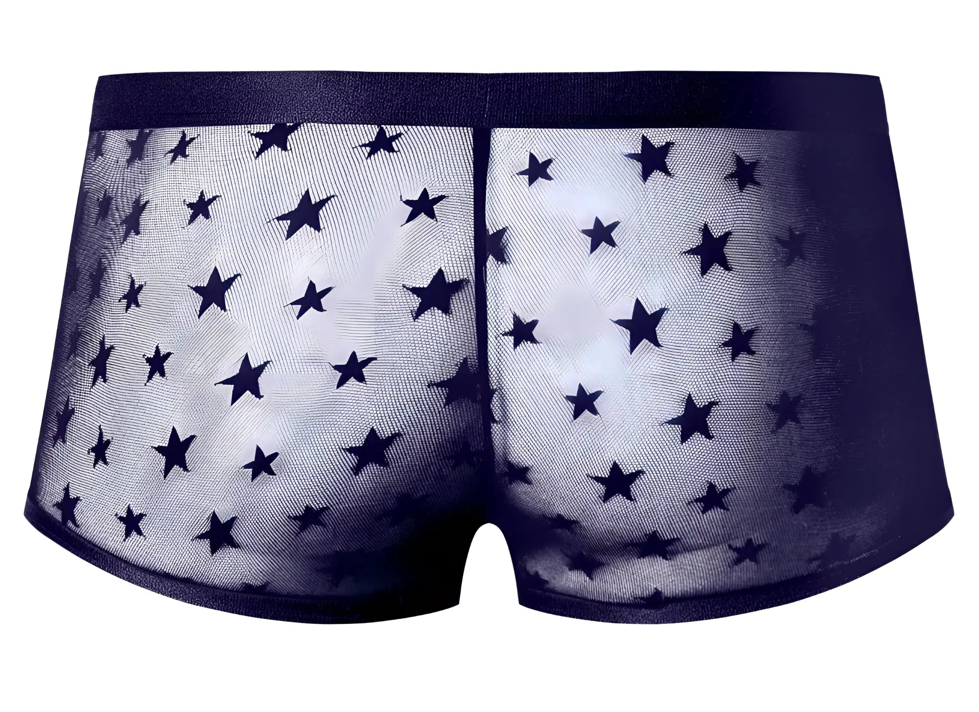 Male power 122-291 love star short purple ring black star-patterned sheer mesh briefs with solid dark waistband front view