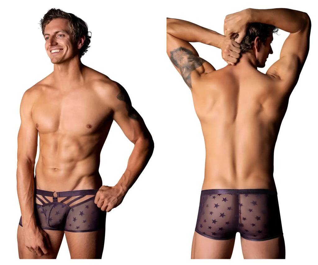 Male power 122-291 love star short sheer dark purple boxer briefs with star pattern and front cut-out straps