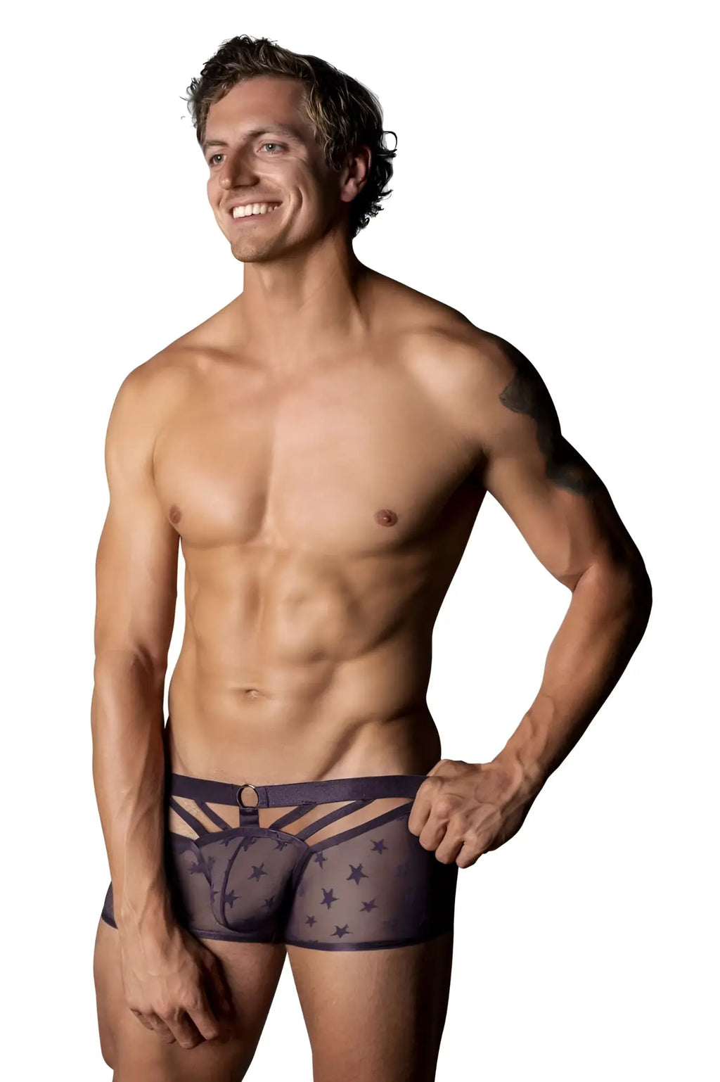 Dark purple sheer male power boxer briefs with star pattern and reinforced waistband love star short 122-291