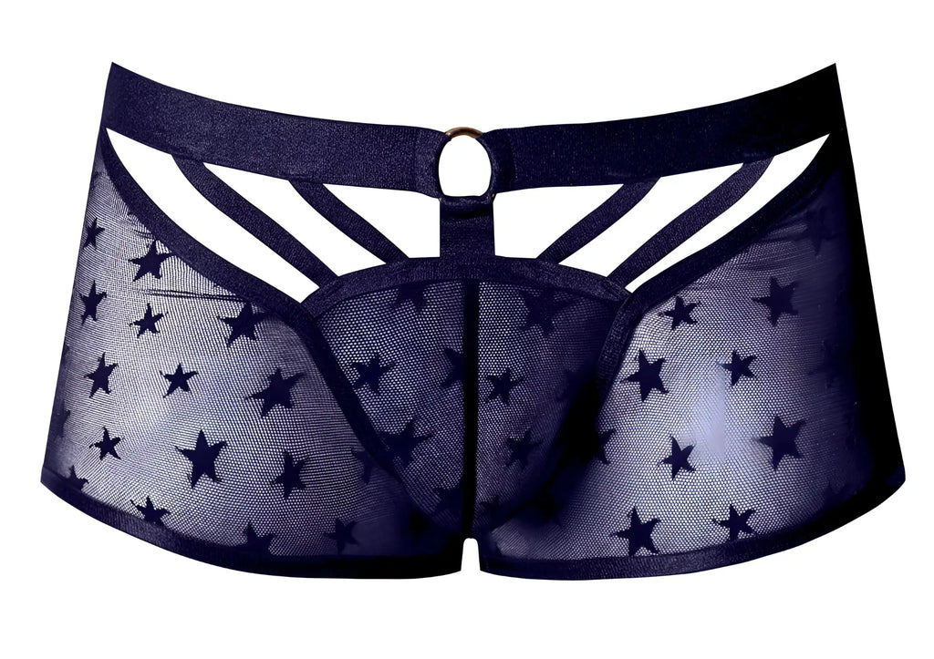 Navy blue sheer star-patterned men’s underwear with solid waistband and ring cutout design by Male Power