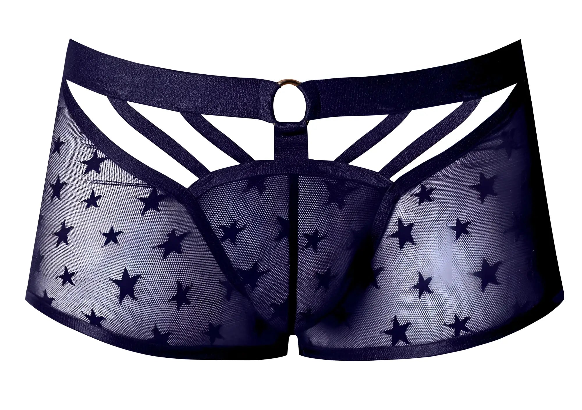Navy blue sheer star-patterned men’s underwear with solid waistband and ring cutout design by Male Power
