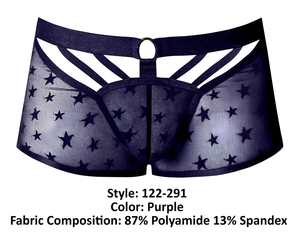 Male power 122-291 love star short purple sheer mesh underwear with star pattern black elastic waistband crisscross design