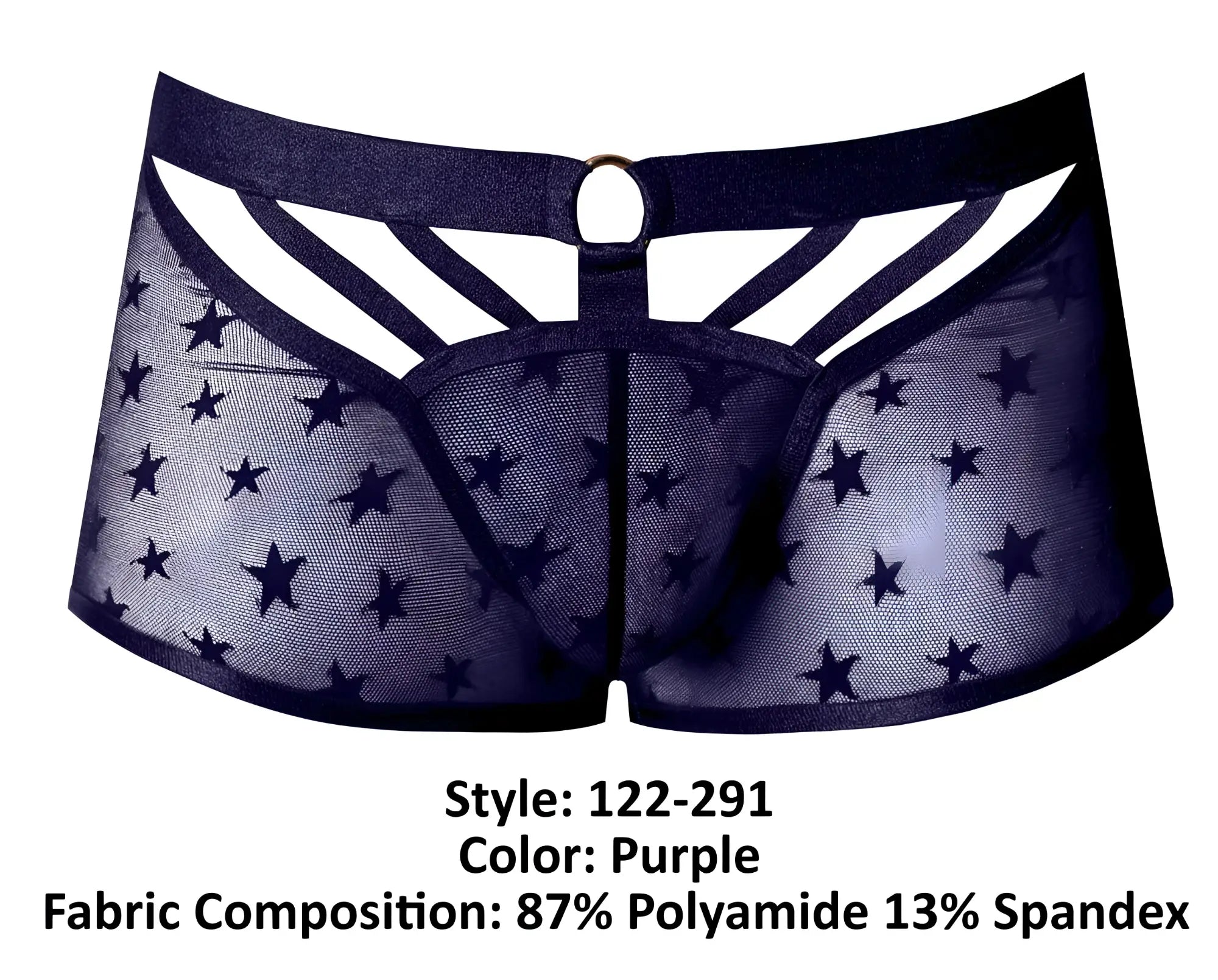 Male power 122-291 love star short purple sheer mesh underwear with star pattern black elastic waistband crisscross design