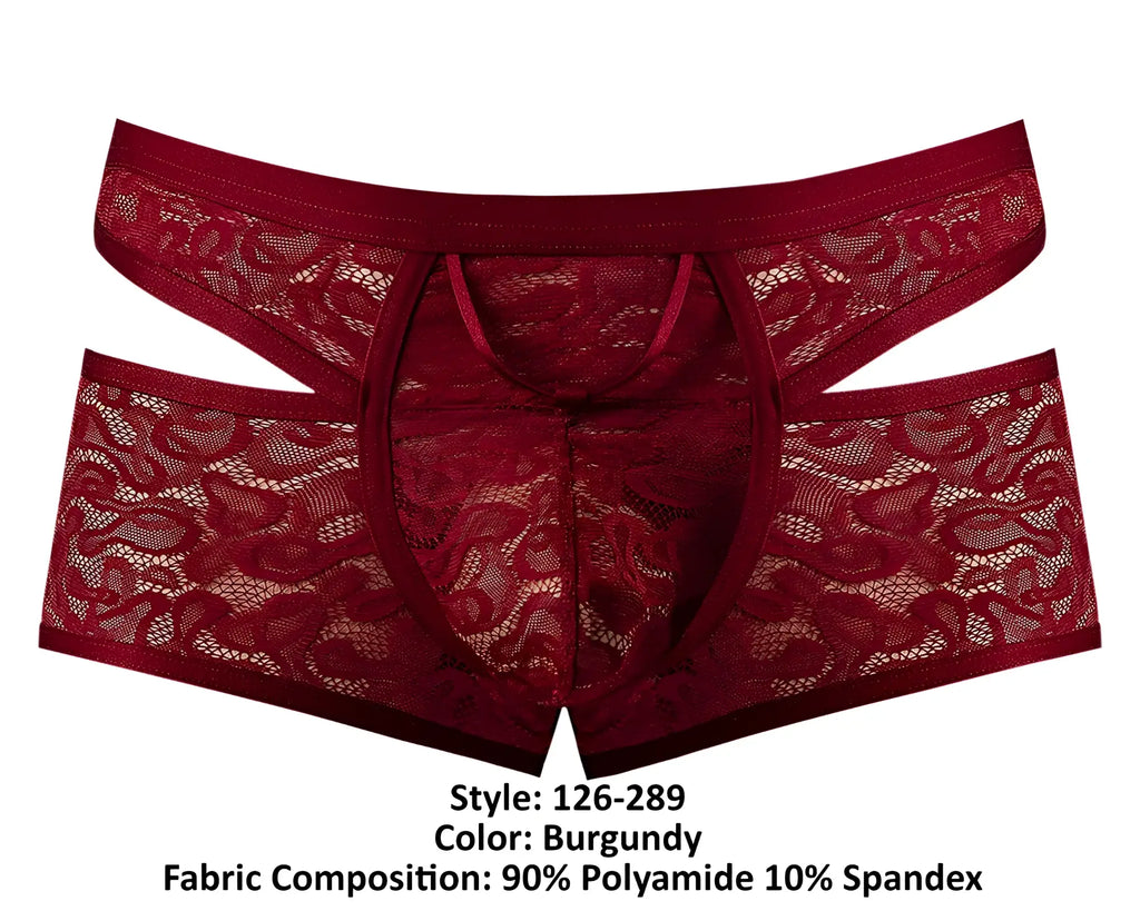 Male power 126-289 lucifer burgundy lace men’s underwear with cut-out design and elastic waistband front view