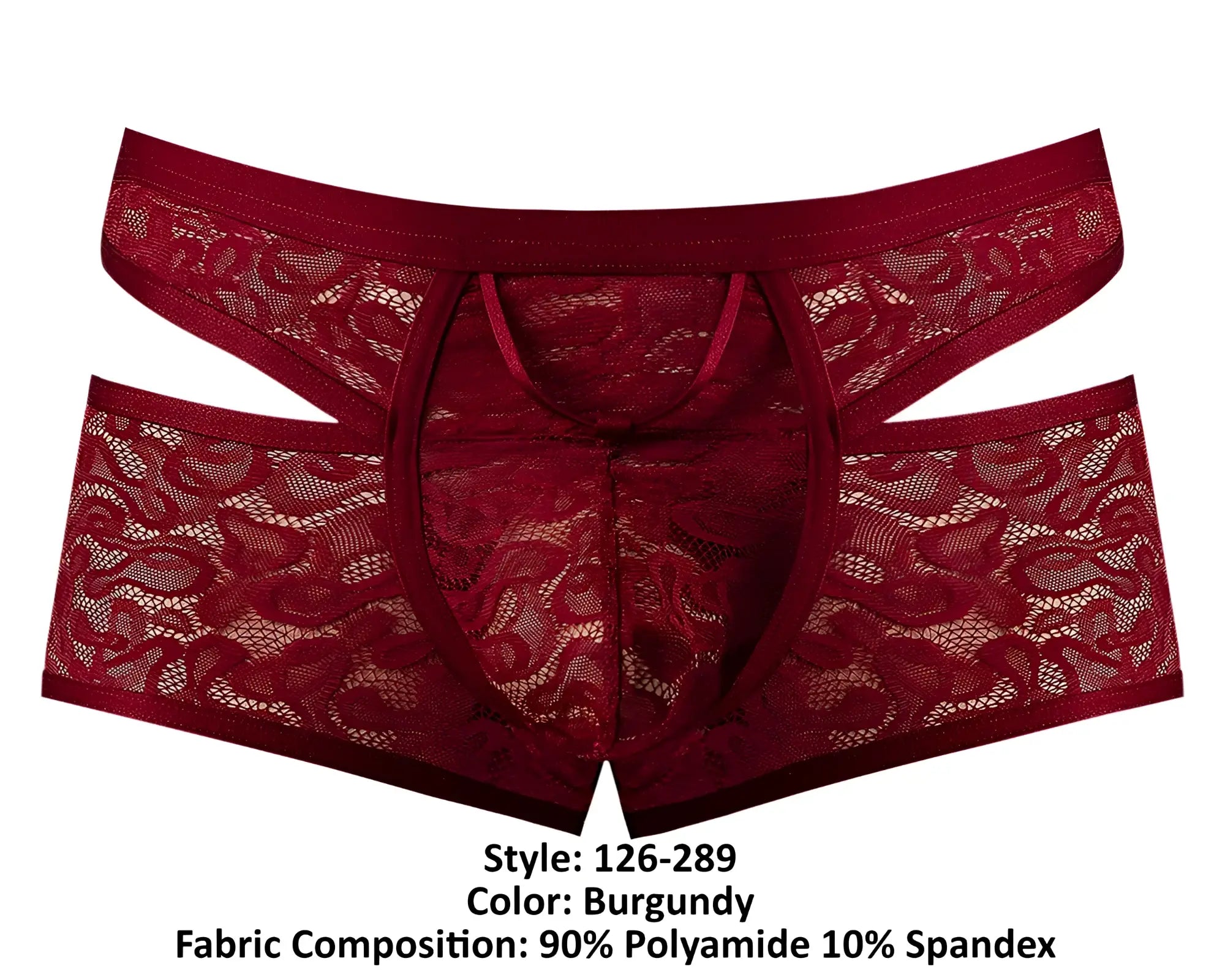 Male power 126-289 lucifer burgundy lace men’s underwear with cut-out design and elastic waistband front view