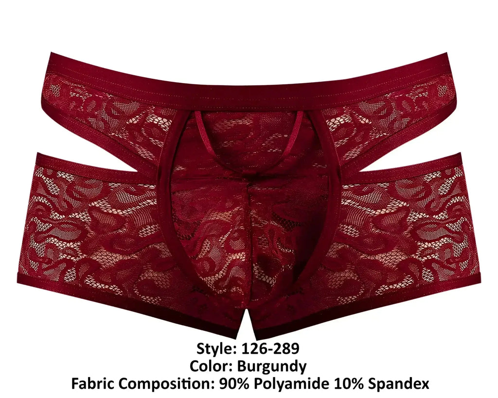 Male power 126-289 lucifer burgundy lace men’s underwear with cut-out design and elastic waistband front view
