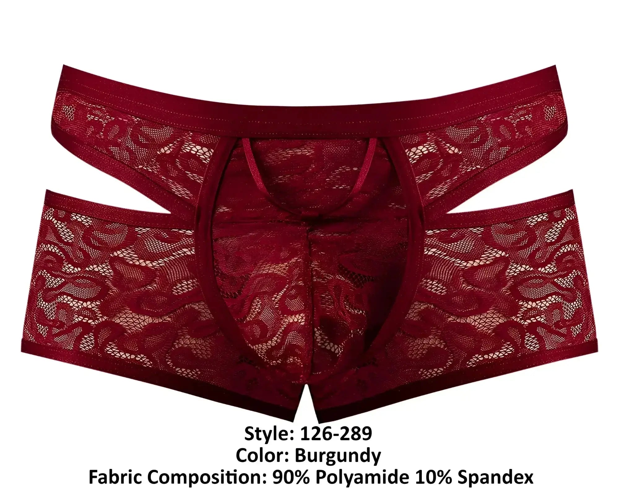 Male power 126-289 lucifer burgundy lace men’s underwear with cut-out design and elastic waistband front view