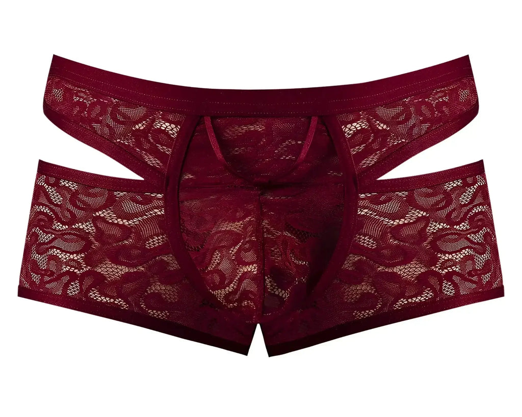 Male power 126-289 lucifer cut out short burgundy lace men’s underwear with intricate floral patterns and cut-out design