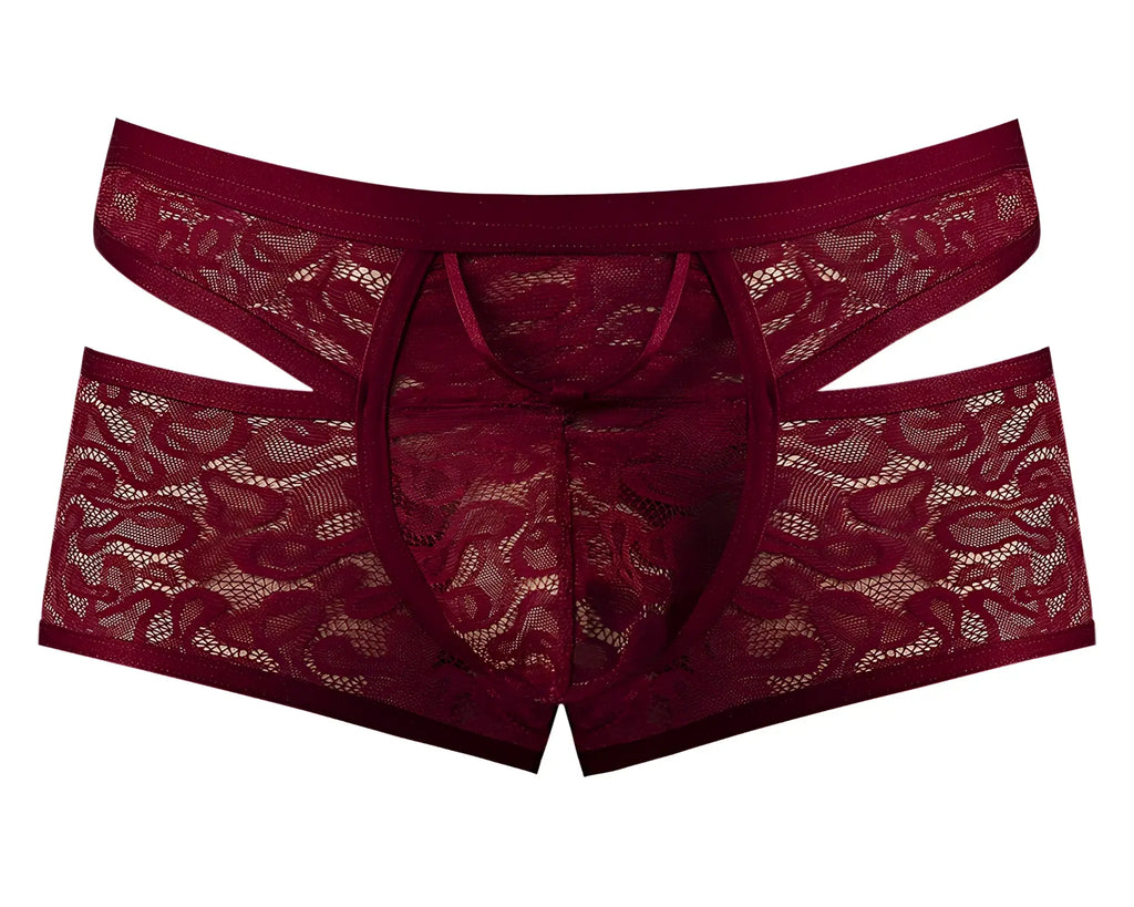 Male power 126-289 lucifer cut out short burgundy lace men’s underwear with intricate floral patterns and cut-out design