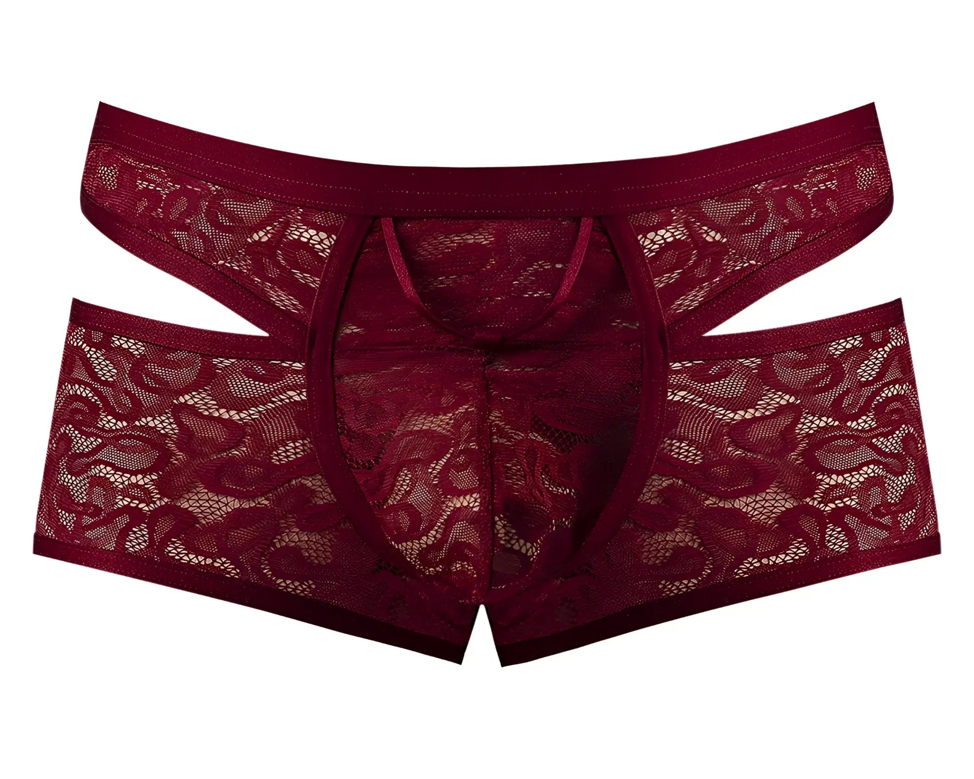 Male power 126-289 lucifer cut out short burgundy lace men’s underwear with intricate floral patterns and cut-out design