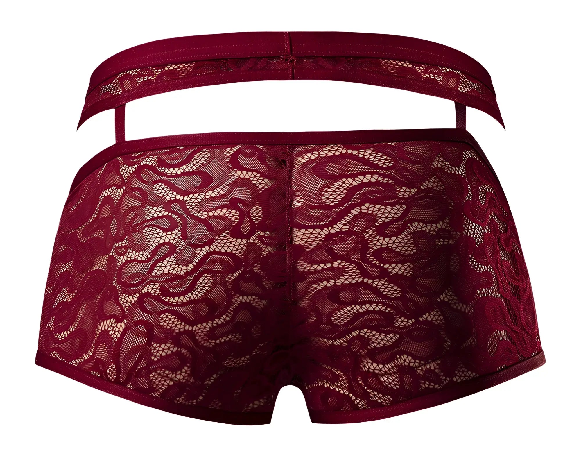 Male power 126-289 lucifer cut out short burgundy maroon lace underwear with elastic waistband shown from the back side