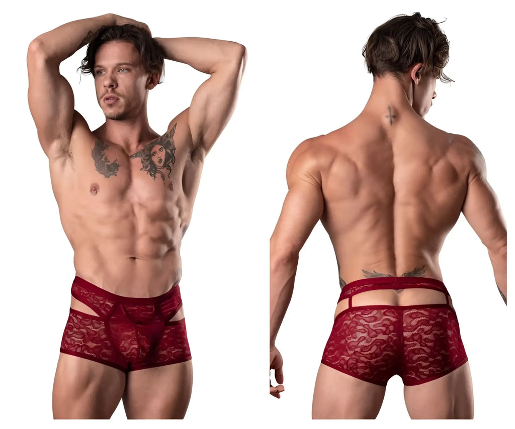 Male power 126-289 lucifer burgundy red lace briefs with decorative pattern and cut-out sides for men