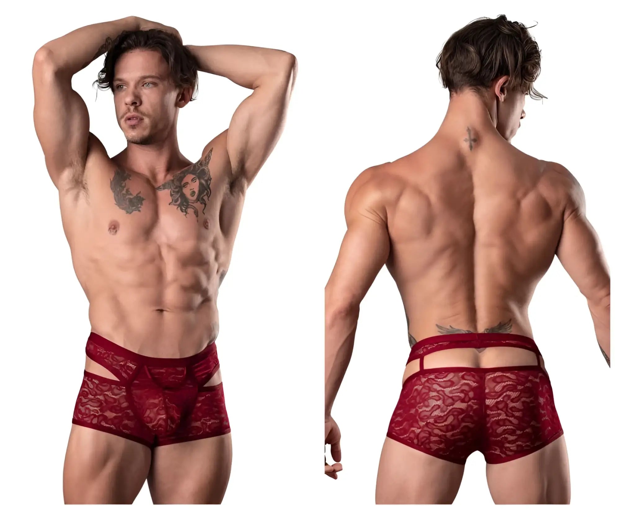 Male power 126-289 lucifer burgundy red lace briefs with decorative pattern and cut-out sides for men
