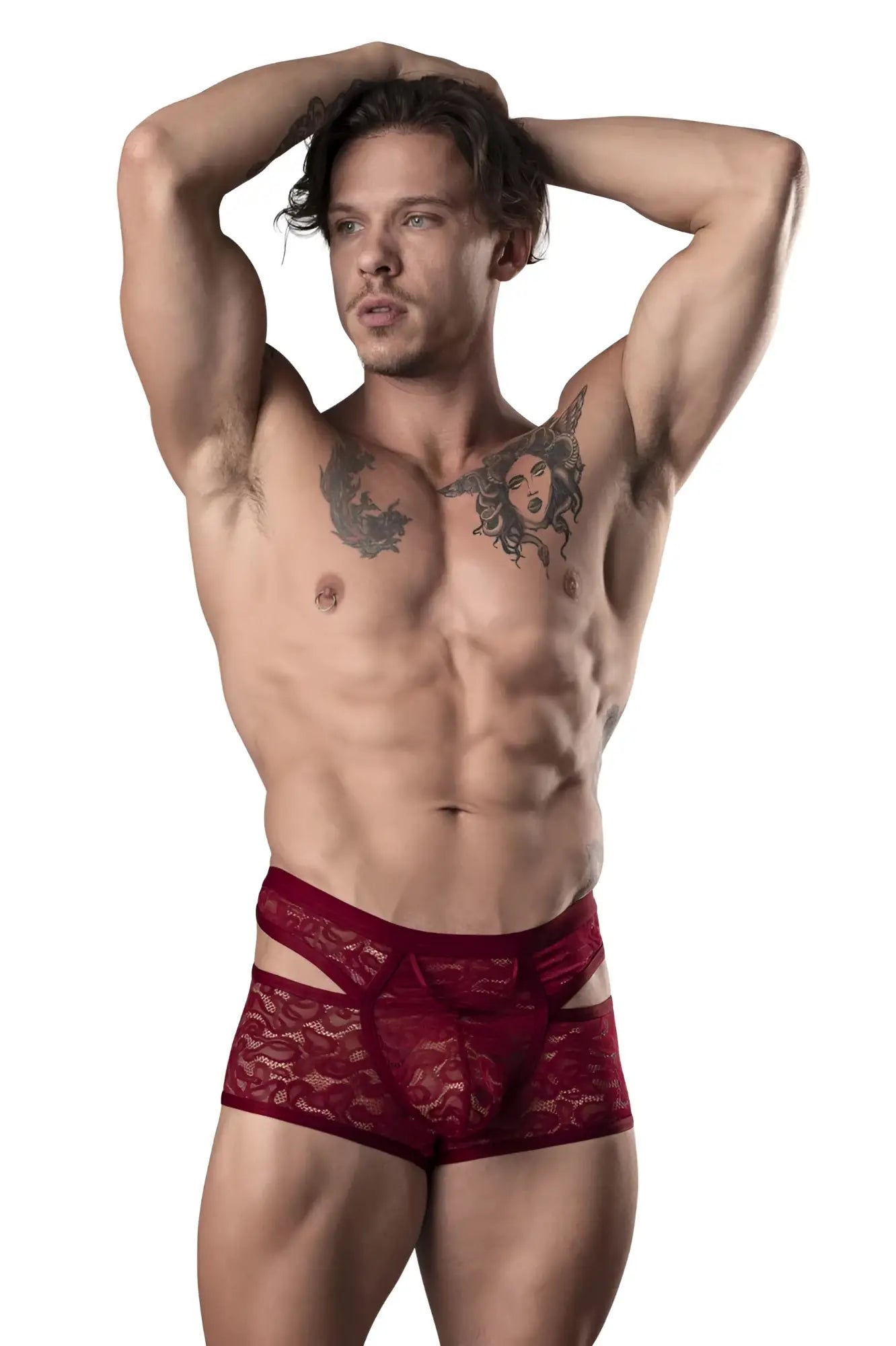 Male power 126-289 lucifer cut out short red lace briefs with a cut-out design in burgundy color