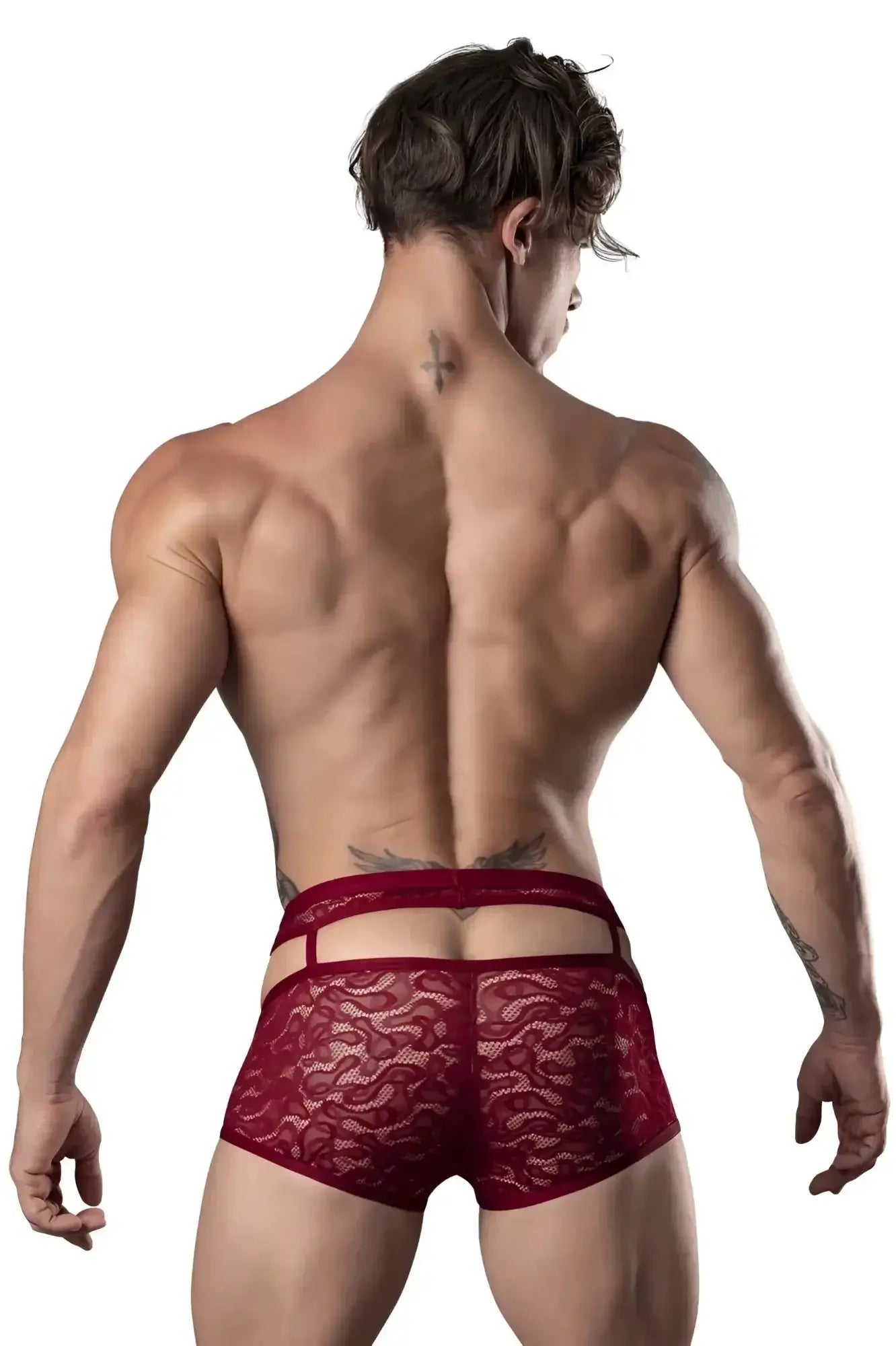 Red lace briefs with cut out back design in burgundy from male power lucifer collection showing the back side