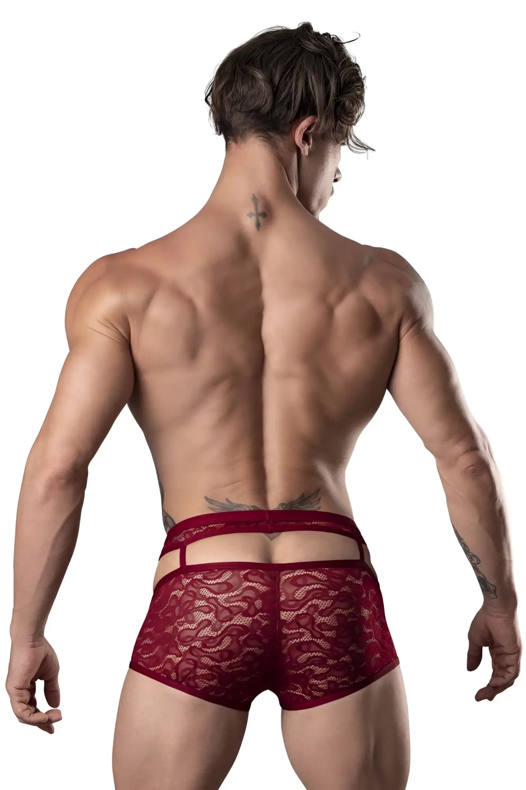 Red lace briefs with cut out back design in burgundy from male power lucifer collection showing the back side