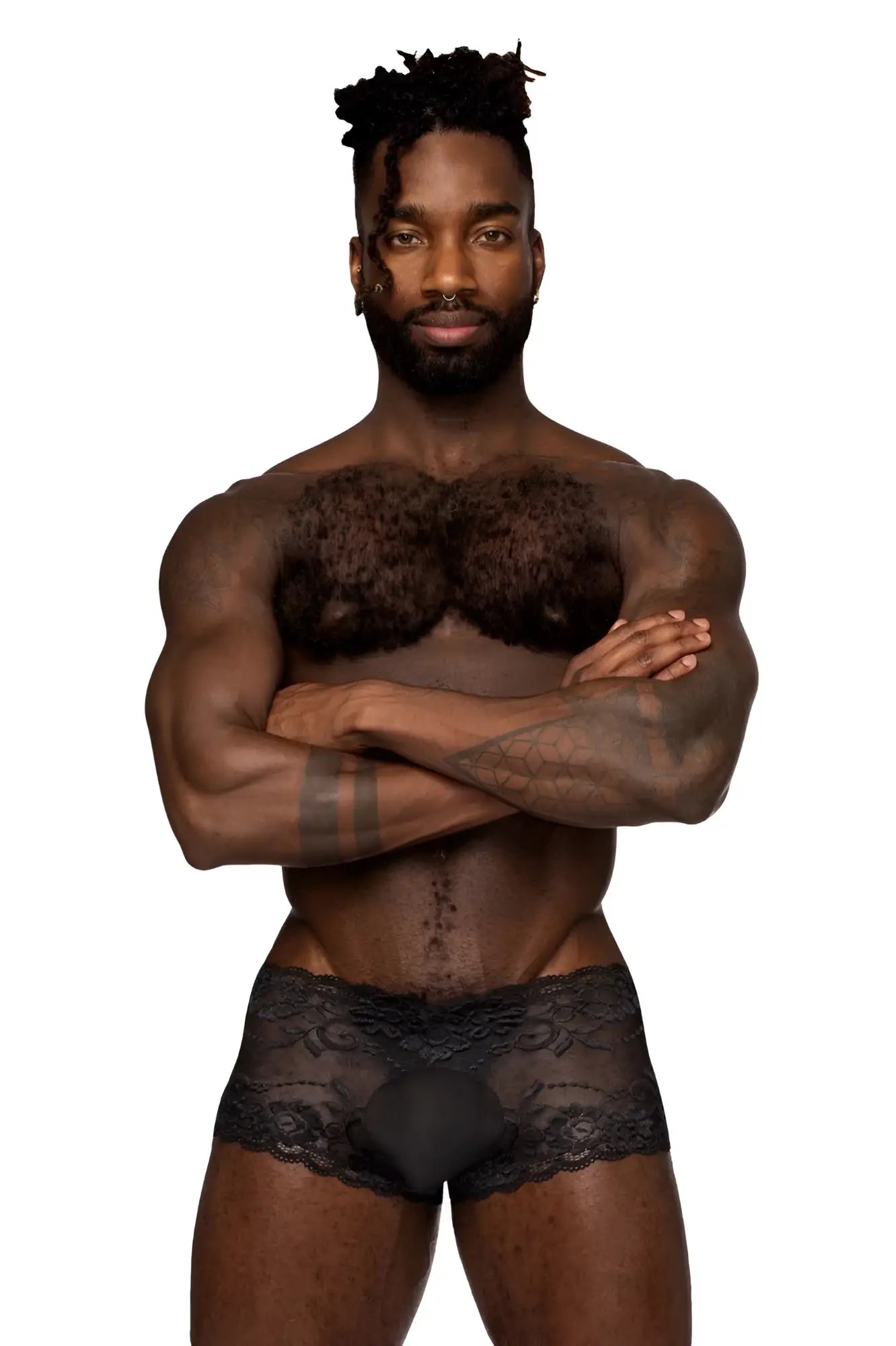 Male power 127-280 sassy lace mini short mens underwear in black sheer lace with an opaque central pouch panel