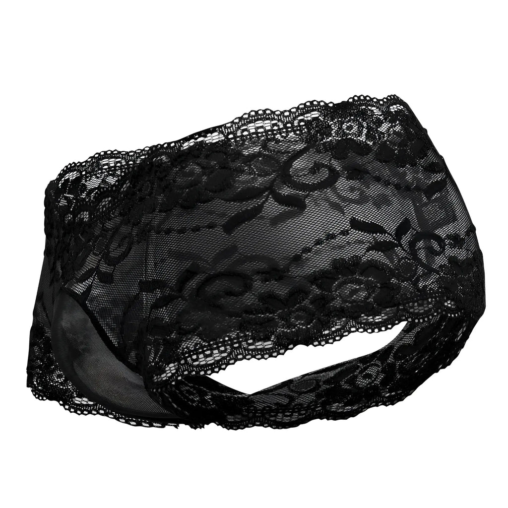 Black lace male power 127-280 sassy lace mini short with sheer mesh pouch and intricate floral patterns