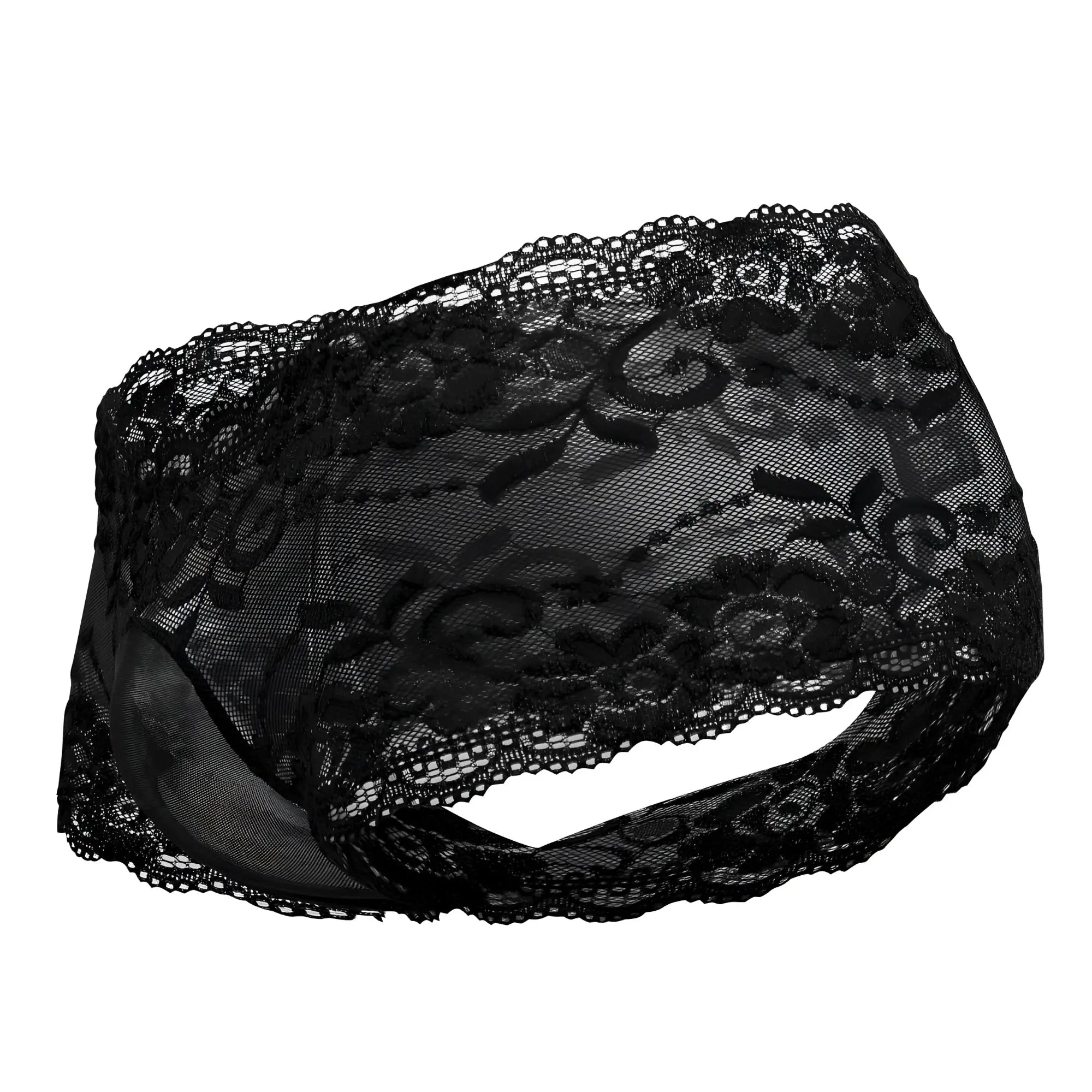 Black lace male power 127-280 sassy lace mini short with sheer mesh pouch and intricate floral patterns