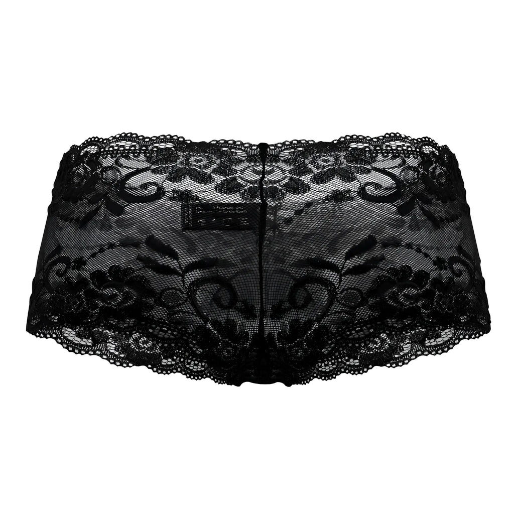 Black lace male power 127-280 sassy lace mini short sheer pouch with intricate floral and scrollwork patterns