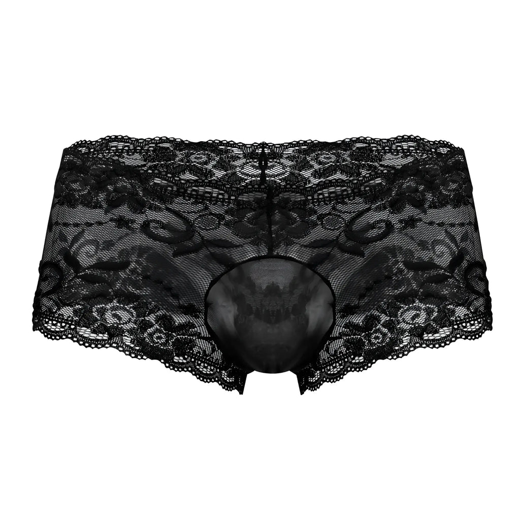 Male power 127-280 sassy lace mini short sheer pouch black lace underwear with intricate floral patterns and mesh fabric