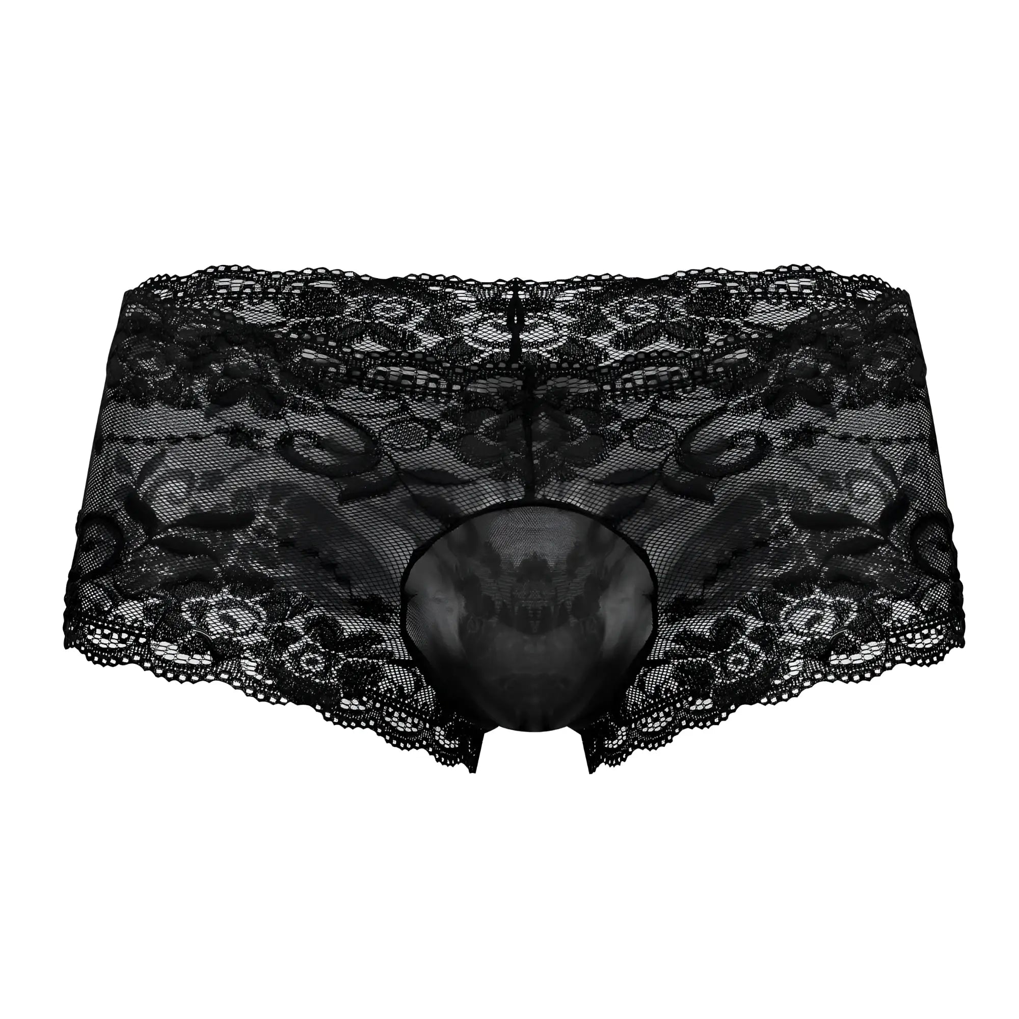 Male power 127-280 sassy lace mini short sheer pouch black lace underwear with intricate floral patterns and mesh fabric