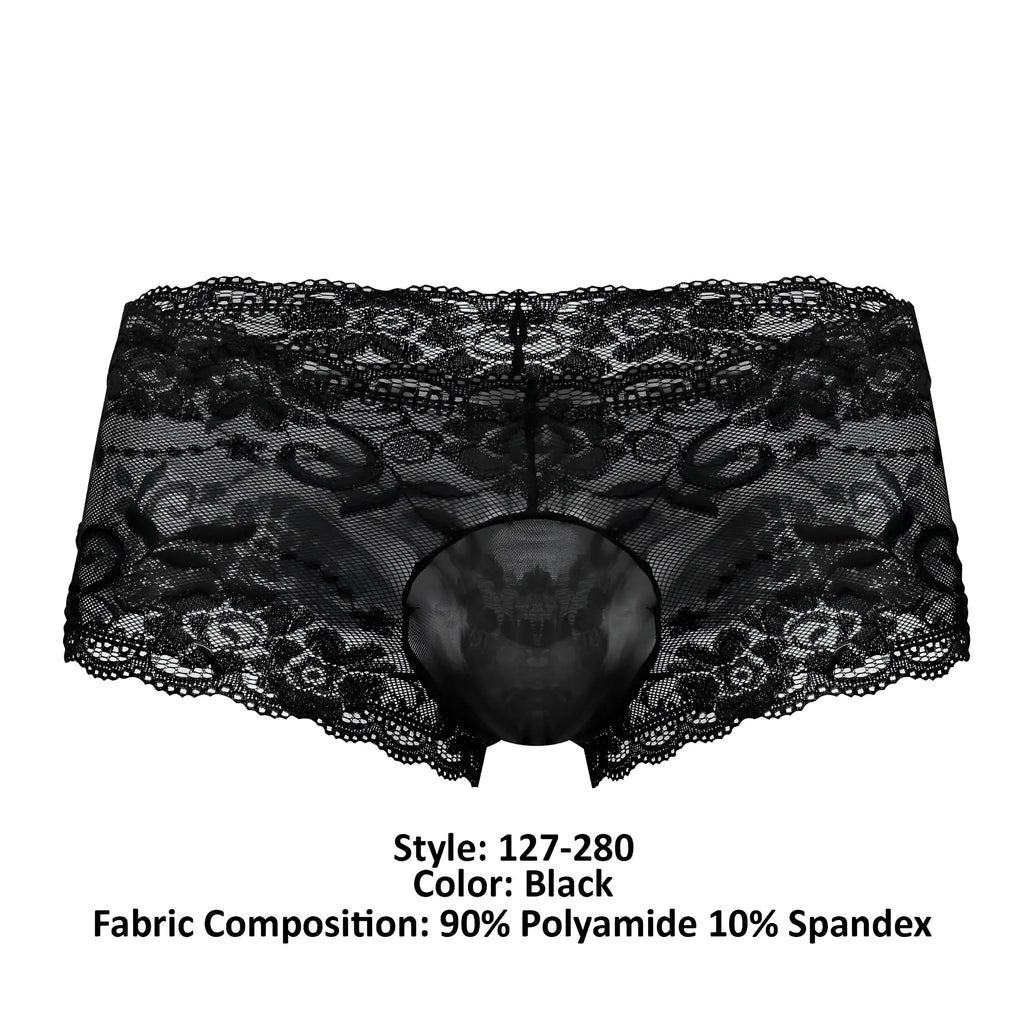 Male power 127-280 sassy lace mini short sheer pouch black underwear with intricate floral lace and mesh design