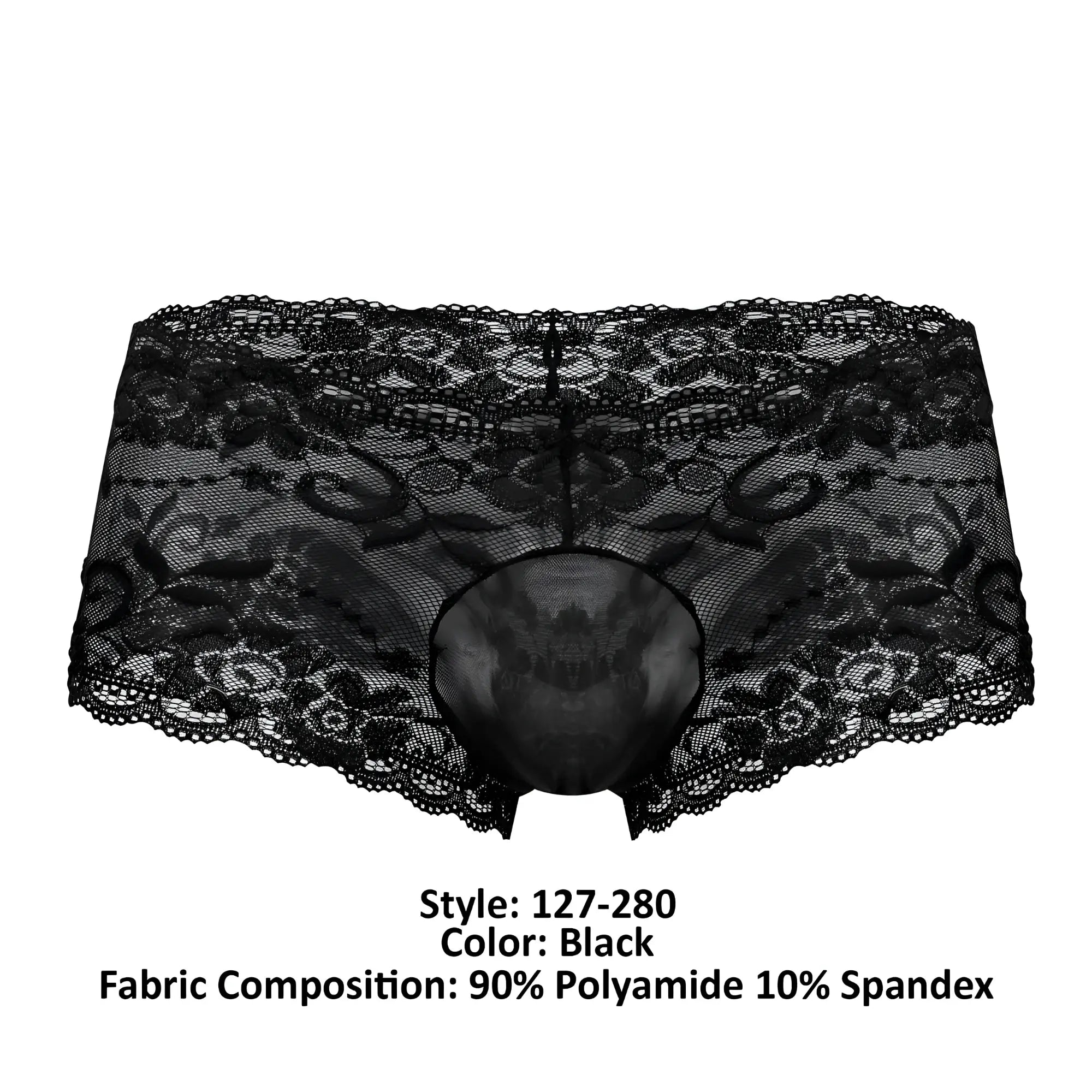 Male power 127-280 sassy lace mini short sheer pouch black underwear with intricate floral lace and mesh design