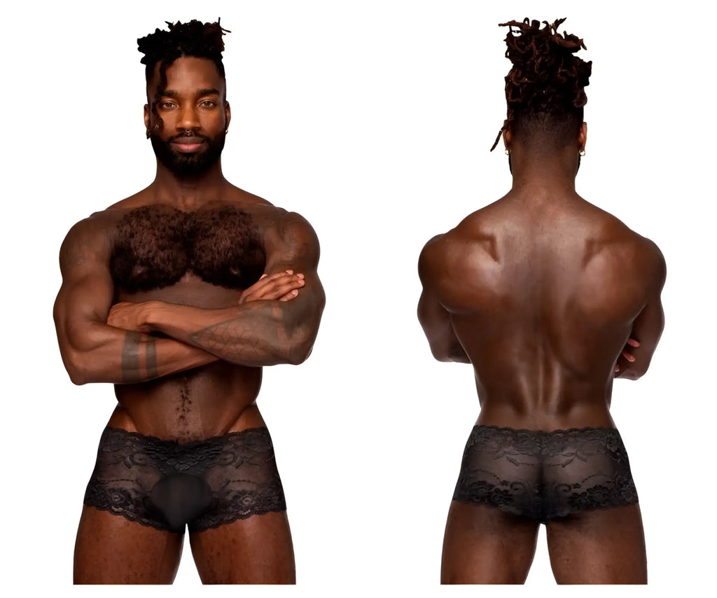 Male power 127-280 sassy lace mini short sheer pouch black underwear with intricate floral lace waistband detailing