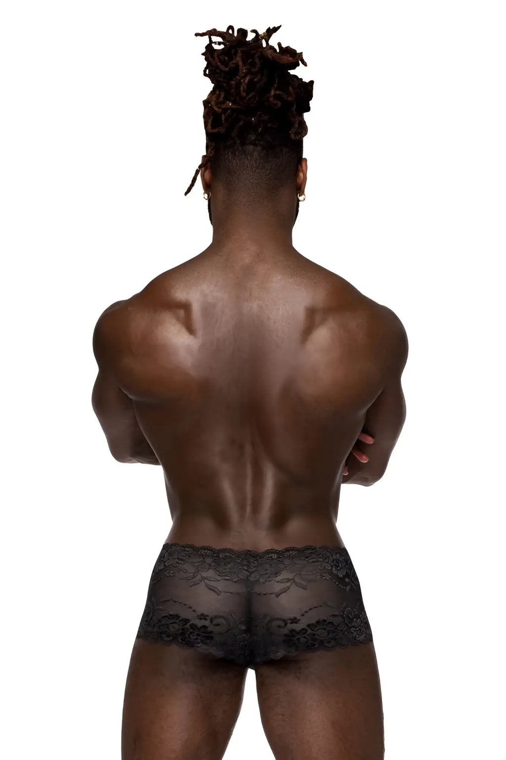 Male power 127-280 sassy lace mini short sheer pouch in black featuring intricate floral lace detailing