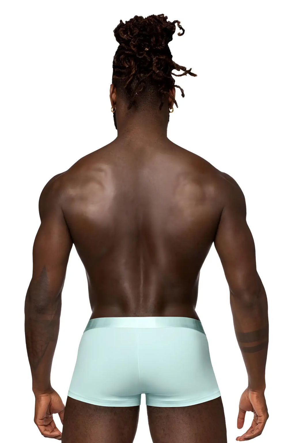 Male power 129-281 easy breezy mini short in aqua smooth-fitting light blue men’s briefs with sleeve detail