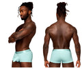 Male power 129-281 easy breezy mini short men’s briefs in aqua with a smooth satin finish and contoured design