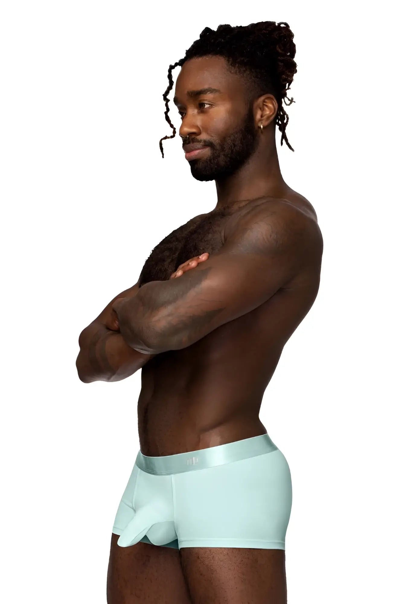 Light blue male Power 129-281 easy breezy mini short briefs with satin waistband and sleek modern design