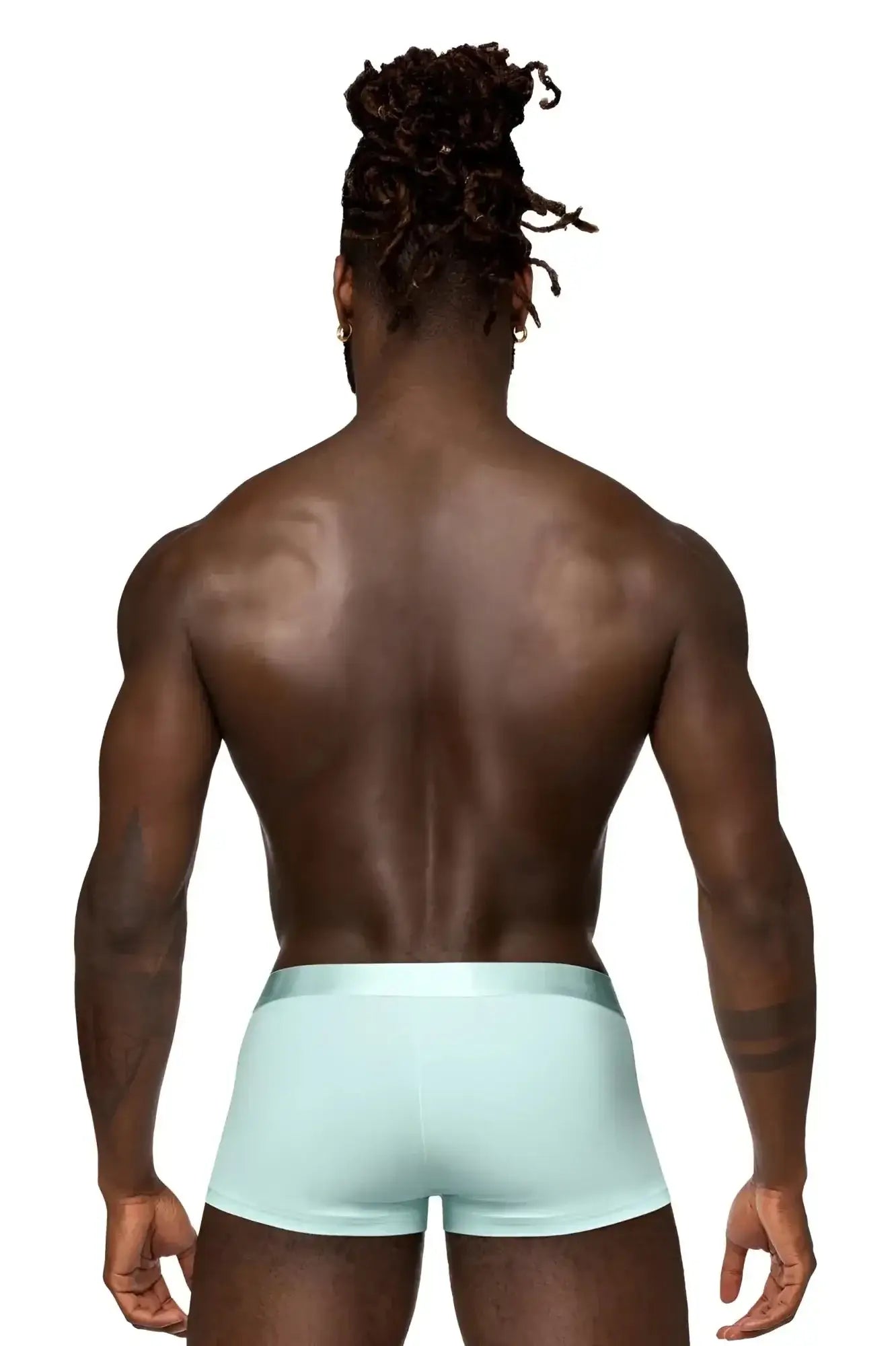 Male power 129-281 easy breezy mini short in aqua smooth-fitting light blue men’s briefs with sleeve detail